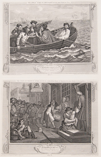 Industry and Idleness
(Plate 5)
The Idle 'Prentice turn'd away and sent to Sea

and

Industry and Idleness
(Plate 6)
The Industrious 'Prentice out of his Time & Married to his Master's Daughter